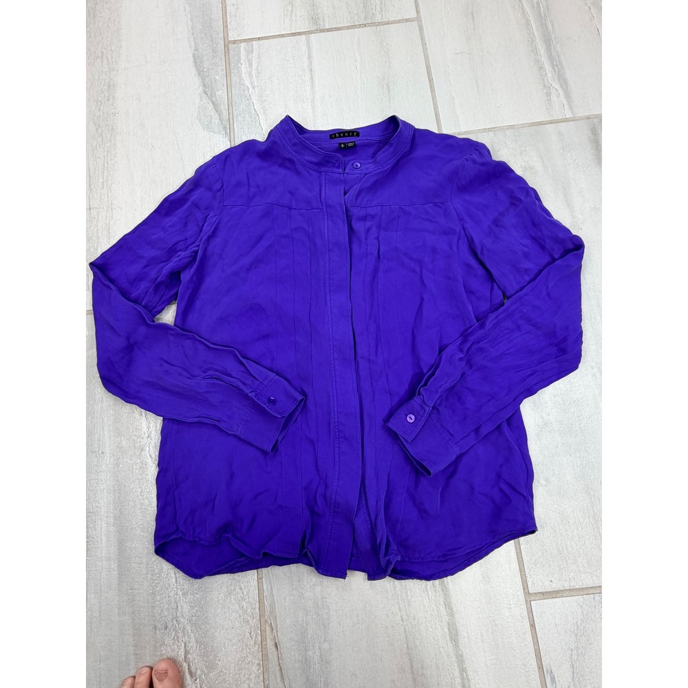 Theory Tharady Purple Silk Pleated Band Collar Blouse S C0902503